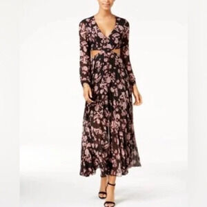 Bardot pleated floral midi dress cutout long sleeves Size 8 Size M